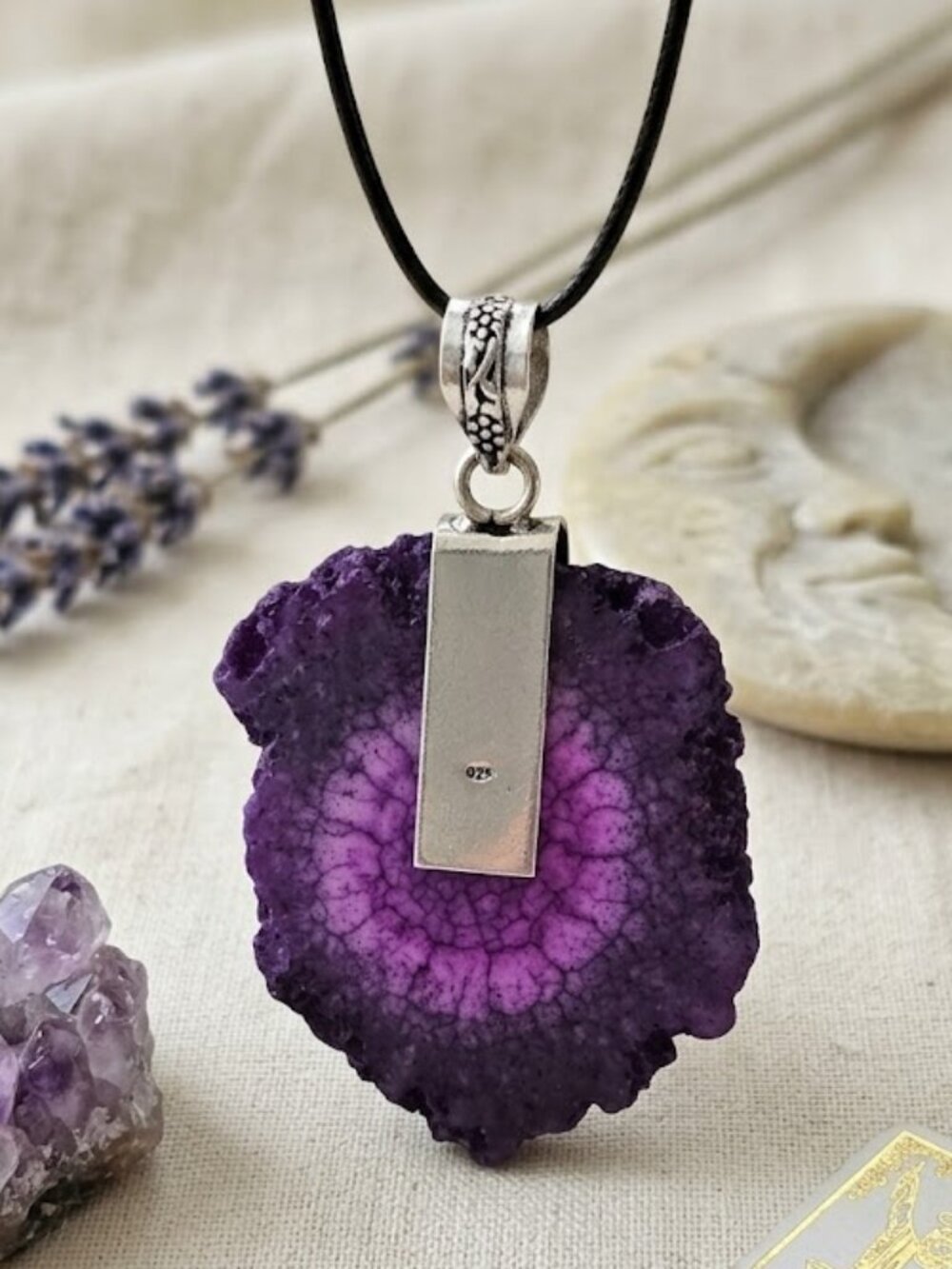 Artisan 925 Sterling Silver Raw Agate Amethyst Leaf Filigree Pendant 2.45" - Picture 7 of 16